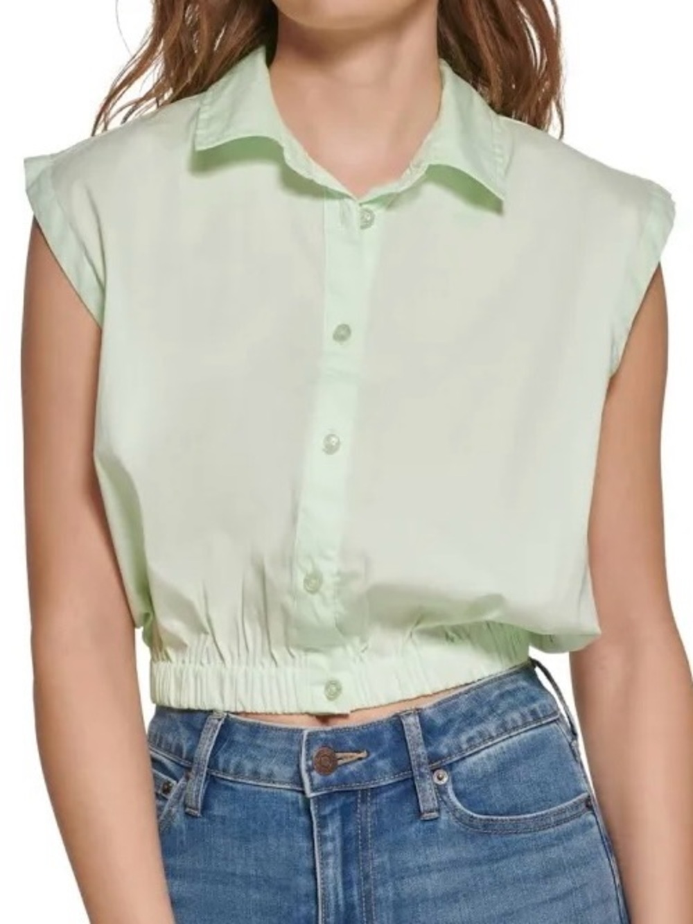 Calvin Klein Jeans Sleeveless Cropped Button-Front Top in Light Green